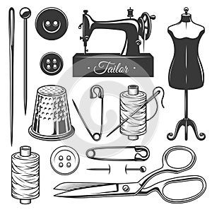 Set of vintage monochrome tailor tools.