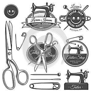 Set of vintage monochrome tailor tools and emblems.