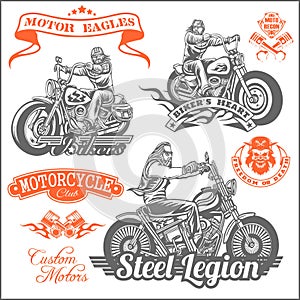 Set of Vintage motorcycle t-shirt prints, emblems, labels, badges and logos. Monochrome style.