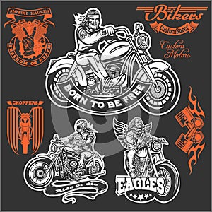 Set of Vintage motorcycle t-shirt prints, emblems, labels, badges and logos. Monochrome style.