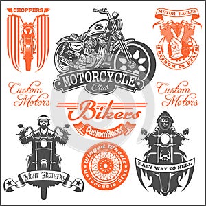 Set of Vintage motorcycle t-shirt prints, emblems, labels, badges and logos. Monochrome style.