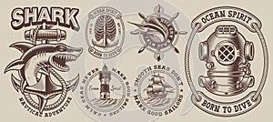 Set of vintage nautical designs with a shark