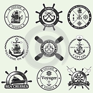 Set of vintage nautical labels, icons and design elements.