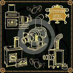 Set of vintage old projectors. Steampunk objects - Vector