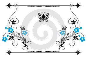 Set vintage ornament with forget me not flowers,  frame and decorative divider for greeting card