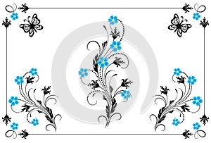 Set vintage ornament with forget me not flowers,  frame and decorative divider for greeting card