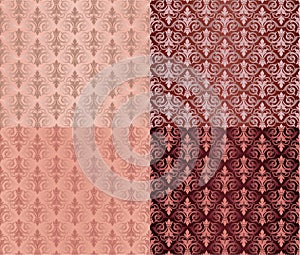 Set of Vintage Ornaments Seamless Patterns with Flower Designs in Damascus Style claret background