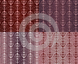 Set of Vintage Ornaments Seamless Patterns with Flower Designs in Damascus Style claret background