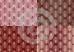 Set of Vintage Ornaments Seamless Patterns with Flower Designs in Damascus Style claret background