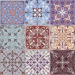 Set of Vintage Ornaments Seamless Patterns with Flower Designs in Damascus Style claret background