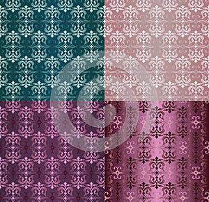 Set of Vintage Ornaments Seamless Patterns with Flower Designs in Damascus Style claret background vector illustration