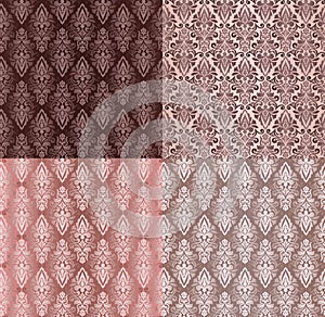 Set of Vintage Ornaments Seamless Patterns with Flower Designs in Damascus Style claret background vector illustration