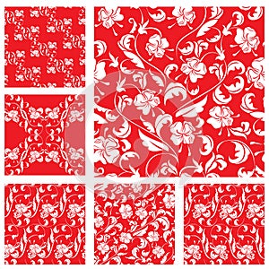 Set of Vintage ornate seamless patterns with white roses