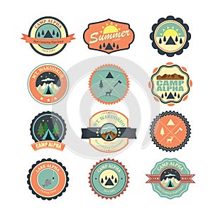 Set of vintage outdoor camp badges and traveling emblems. Illustratio