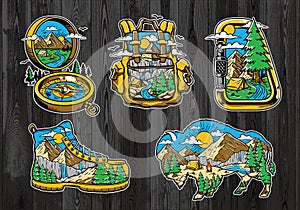 Set of Vintage Outdoor Illustrations on Wood board. Hand drawn and vector emblem designs. Great for shirts, stamps, stickers logos