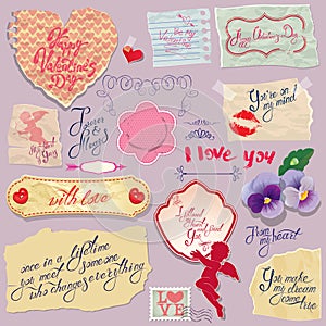 Set of vintage papers and labels, heart, calligraphic texts for