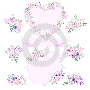 Set of vintage pink and purple flowers isolated on white background. Template for wedding card, invitations. heart shape, ribbon b