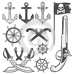 Set of vintage pirate elements, tattoo, icon, t-shirt