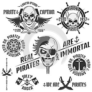 Set of vintage pirate emblems, tattoo, icon, tee shirt