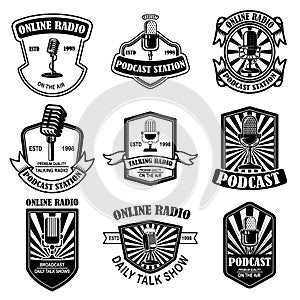 Set of vintage podcast, radio emblems with microphone. Design element for logo, label, sign, badge, poster