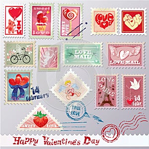 Set of vintage post stamps with hearts for Valenti