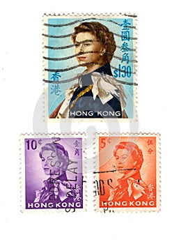 Vintage postage stamps from Hong Kong.