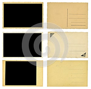 Set of vintage postcards with empty photo frames, isolated on white with free copy space