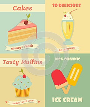 Set of vintage posters with muffin, cake, ice cream and milkshake