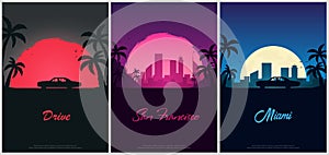 Set of Vintage Posters with old car. Sunset at the California. Palms and City Landscape. Vector illustration.