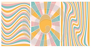 A set of vintage psychedelic rainbow backgrounds with the sun. Retro backgrounds of pastel colors.