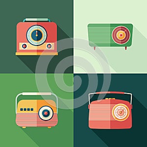 Set of vintage radios flat square icons with long shadows.