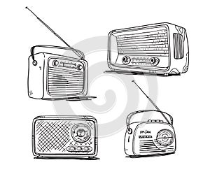 Set of vintage radios, vector line drawing