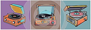 Set of Vintage record players vector isolated.