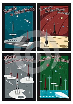 Set of Vintage Retro Futurism Space Posters