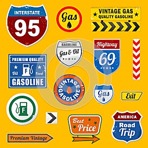 Set of vintage retro gasoline signs and labels