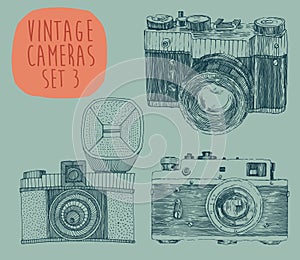 Set of Vintage, Retro, Old Camera, Hand Drawn