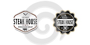 Set of Vintage Retro Steak House Logo Design. With crossed cleavers or knives, cow, and beef or meat icons