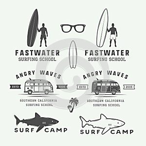 Set of vintage retro surfing, summer and travel logos, emblems,