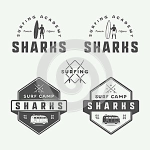 Set of vintage retro surfing, summer and travel logos, emblems,