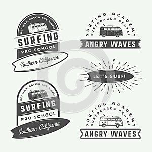 Set of vintage retro surfing, summer and travel logos, emblems,