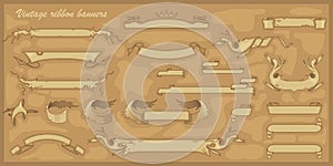 Set of vintage ribbon banners for your text. Old paper scroll. Ancient curved manuscript. Vector