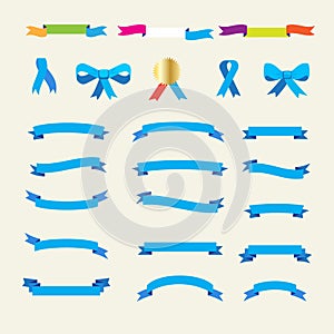 Ribbon banner, gold labels, blue bow tie decoration set