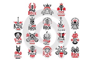Set of vintage rock logos. Original monochrome emblems with guitars, skulls, roses, retro microphones, crowns and wings