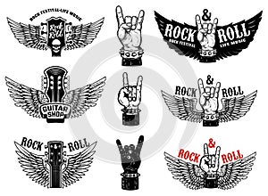 Set of vintage rock music fest emblems. Hand with Rock and roll sign with wings. Design element for logo, label, sign, poster, t s