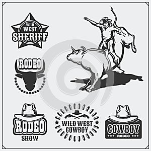 Set of vintage rodeo labels, badges, emblems and designed elements.