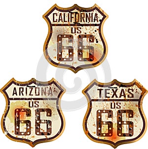 Set of vintage route 66 road signs