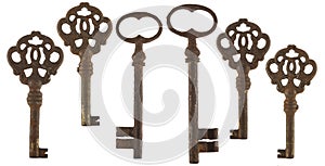 Set of vintage rusty keys isolated photo