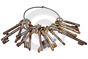 Set of vintage rusty keys on a ring isolated on white