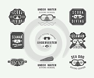 Set of vintage scuba diving logos, labels, badges and emblems.