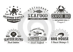 Set of vintage seafood, barbecue, grill logo